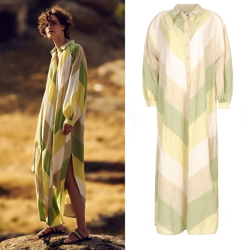Devotion‎ Twins Lia Maxi Shirt Dress Green Cotton Resort Boho Chevron S EUC